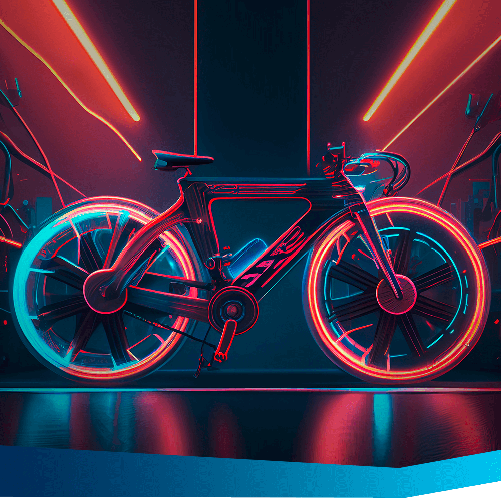 Futuristisches Bike in Neonfarben in dunklem Raum